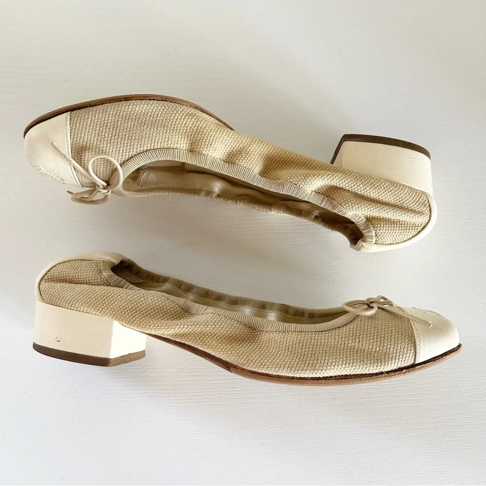 Chanel Low Block Heel Pumps Beige Fabric CC Cap Toe Bow EU 36.5C US 6.5